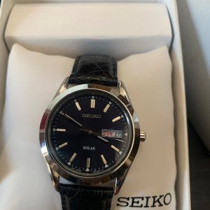 Seiko Solar Watch Stainless Steel Black Leather Strap
